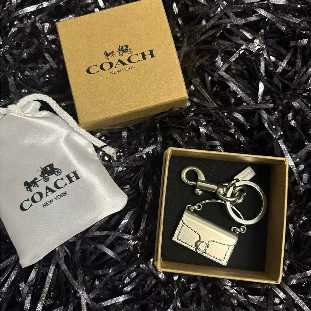New Coach Silver Leather Mini Purse Keychain - Coach New York